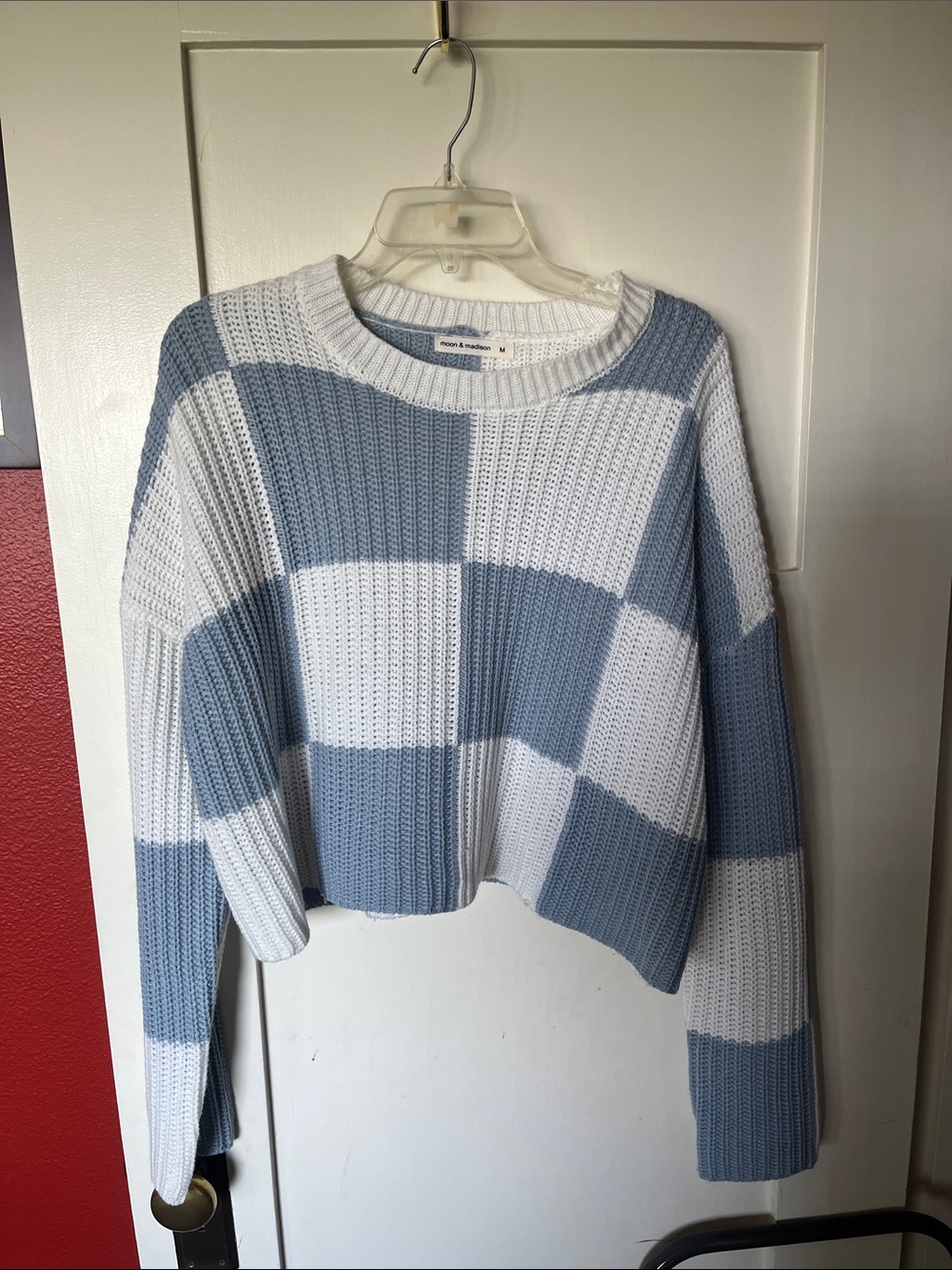 moon & madison Blue and White Check Crewneck Sweater